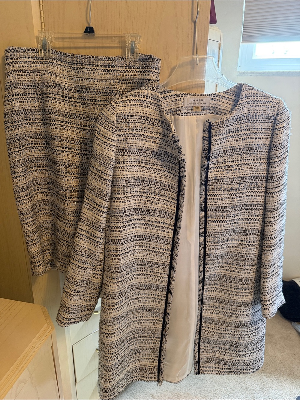 Tahari Black and White Tweed Collarless Jacket and Skirt